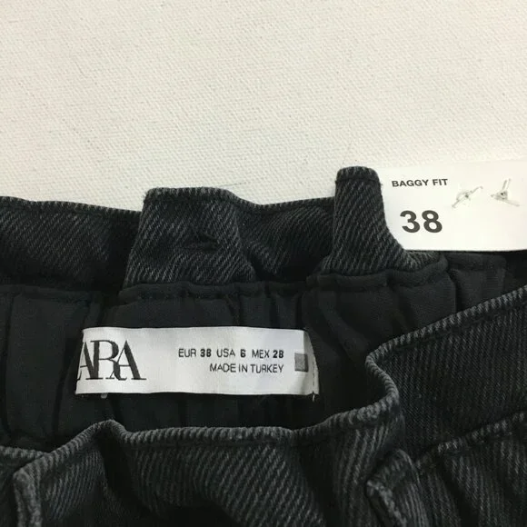 ZARA High Waist Baggy Fit Paper Bag Carrot Leg Ankle Rigid Black Womens 6 - Picture 10 of 16